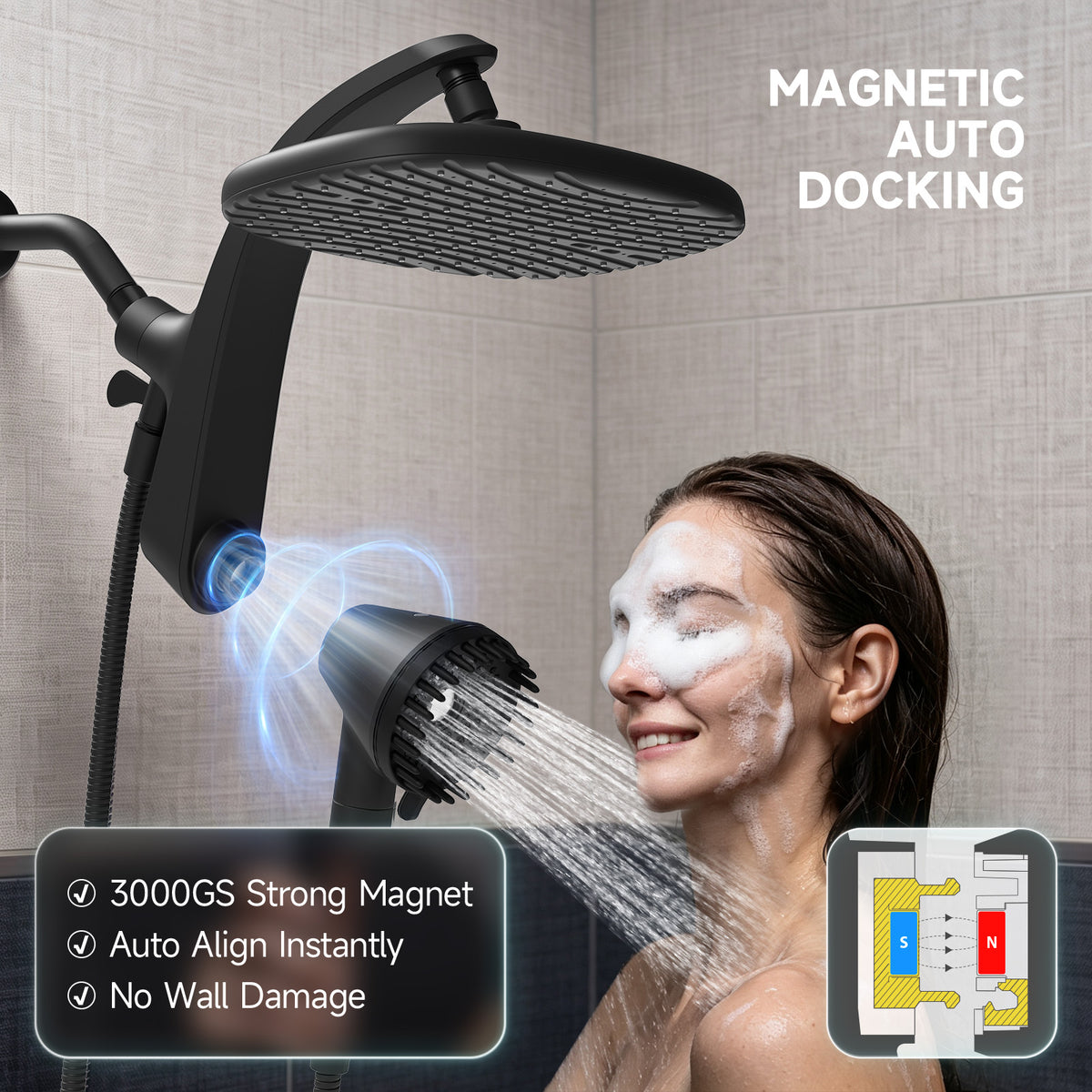 Shower Head with Handheld, High Pressure Showerhead, Black