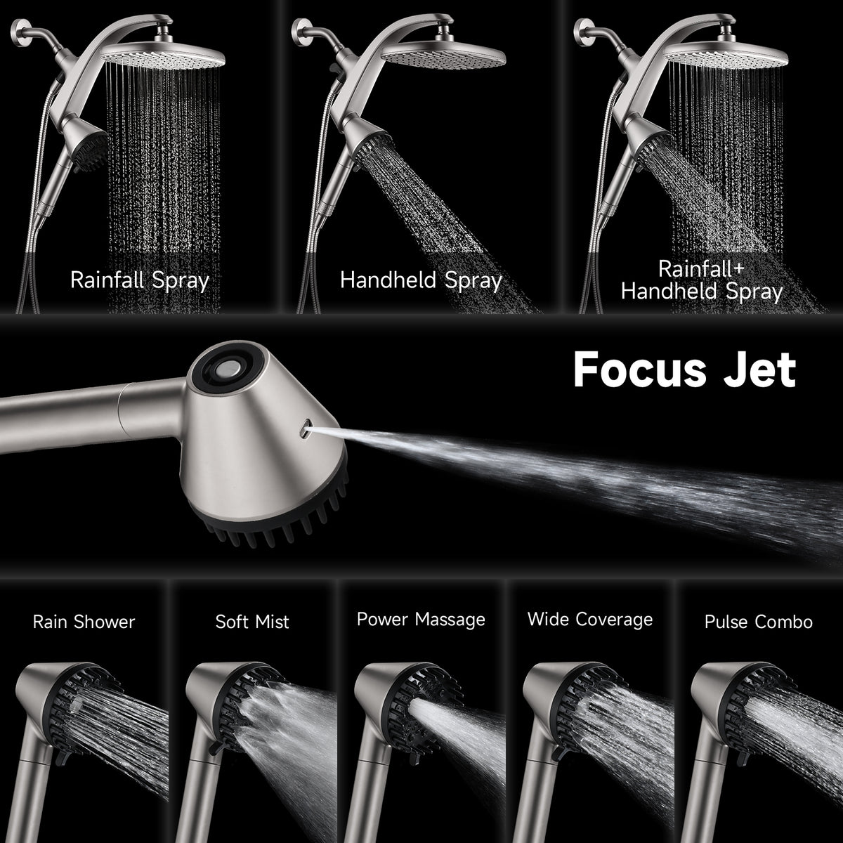 Shower Head with Handheld, High Pressure Showerhead, Nickel