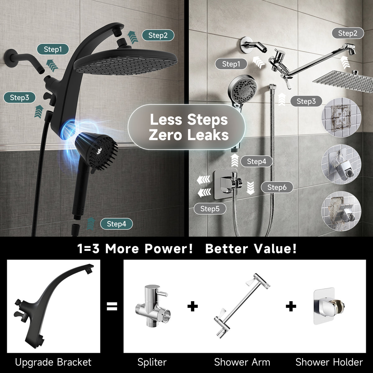 Shower Head with Handheld, High Pressure Showerhead, Black