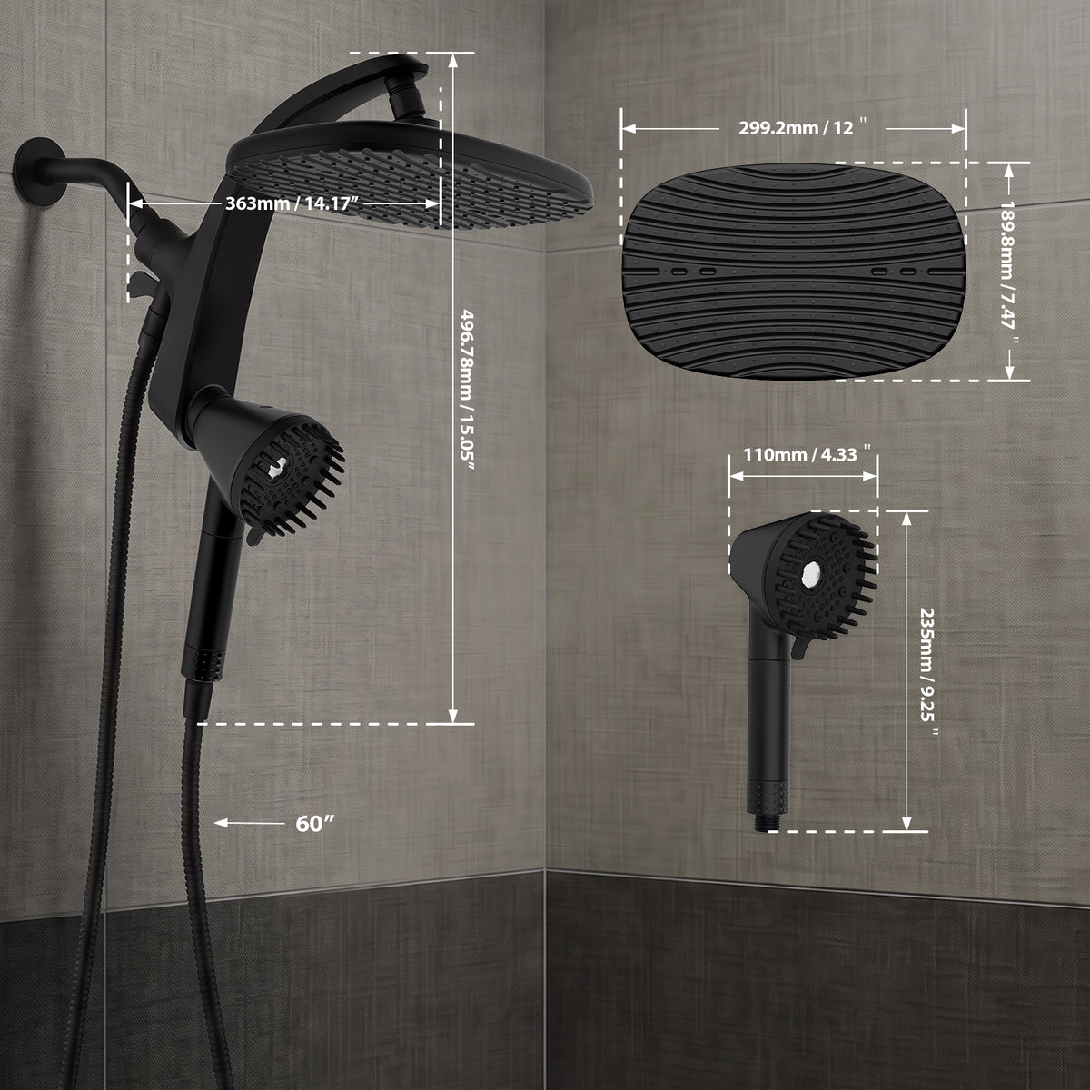 Shower Head with Handheld, High Pressure Showerhead, Black