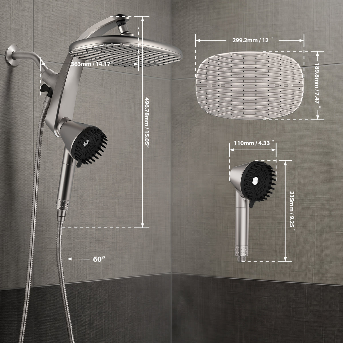 Shower Head with Handheld, High Pressure Showerhead, Nickel