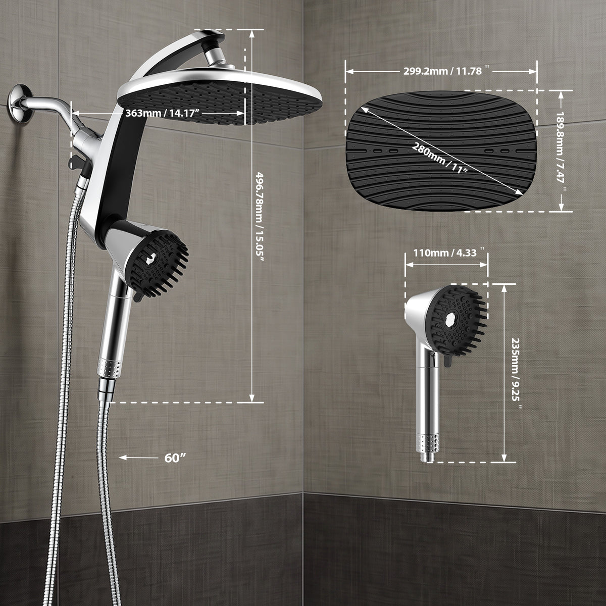 Shower Head with Handheld, High Pressure Showerhead, Chrome